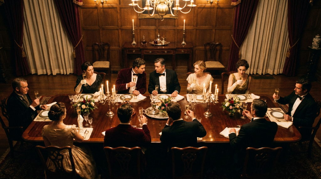 Elegant dinner party with suspicious guests